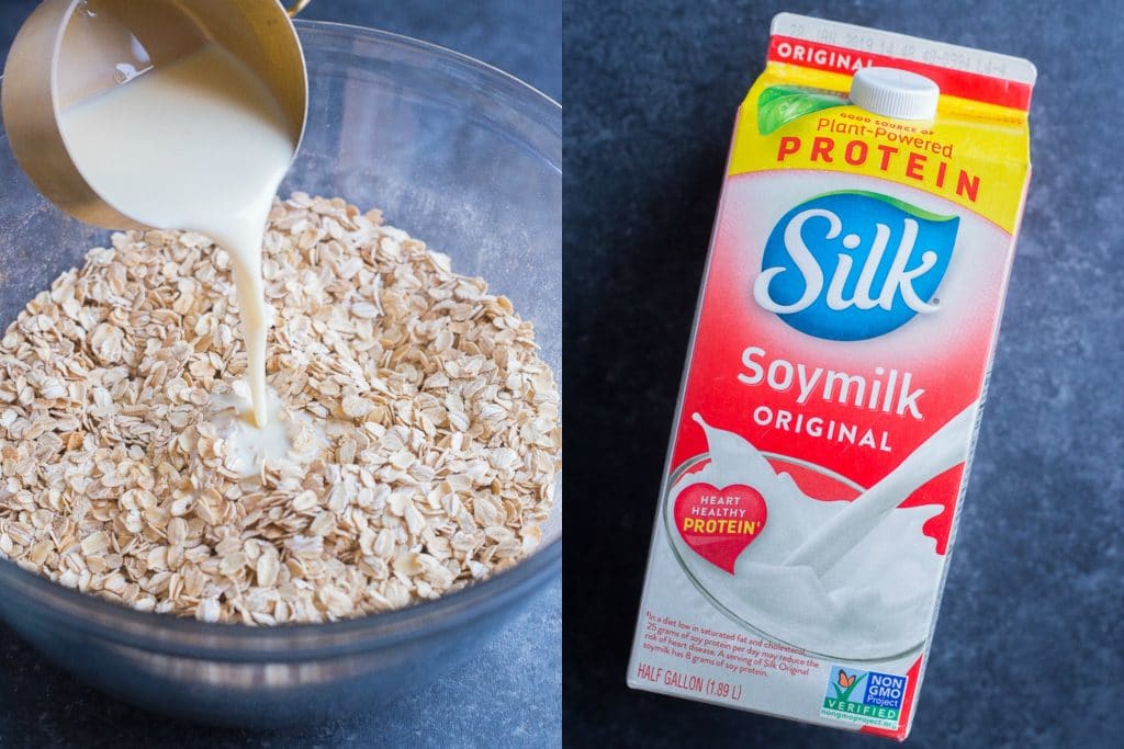 Silk Soymilk being poured into oats for Orange Cranberry Baked Oatmeal Cups
