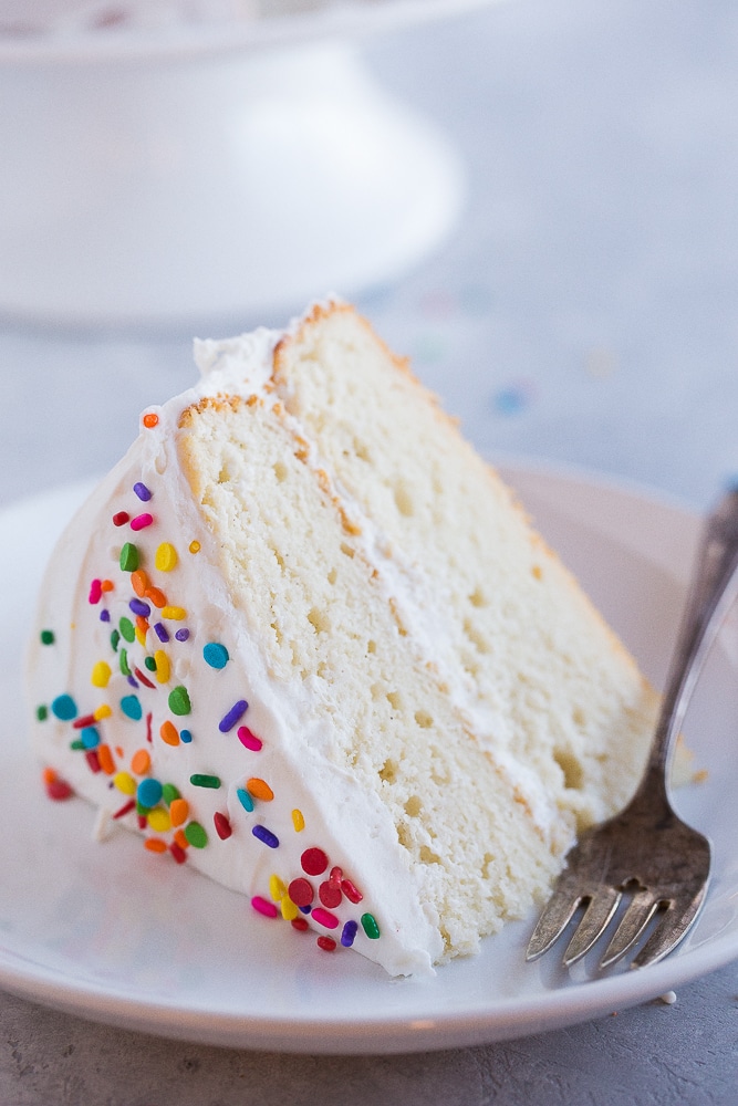 Front view of a slice of Best Gluten Free White Cake