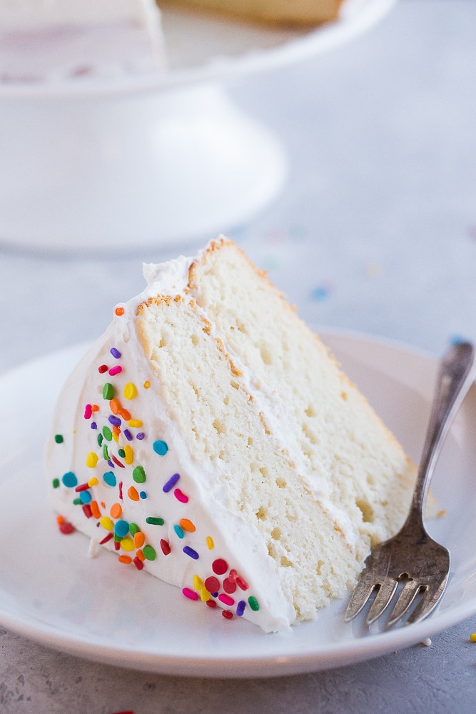 Front view of a piece of Best Gluten Free White Cake