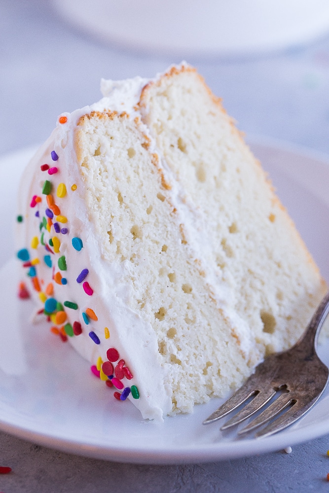 Close up of a piece of Best Gluten Free White Cake