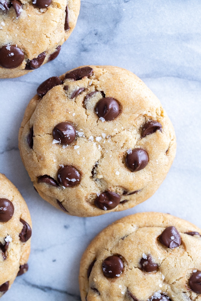 vegan chocolate chip cookies on a marble cutting board