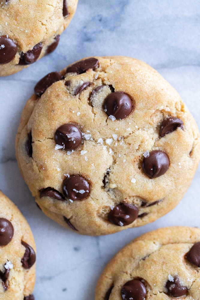 close up of a vegan chocolate chip cookie