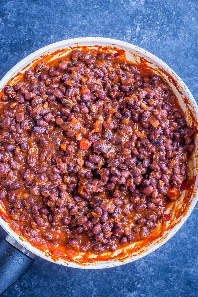 Beans in a pan for 20 Minute BBQ Black Bean Tacos