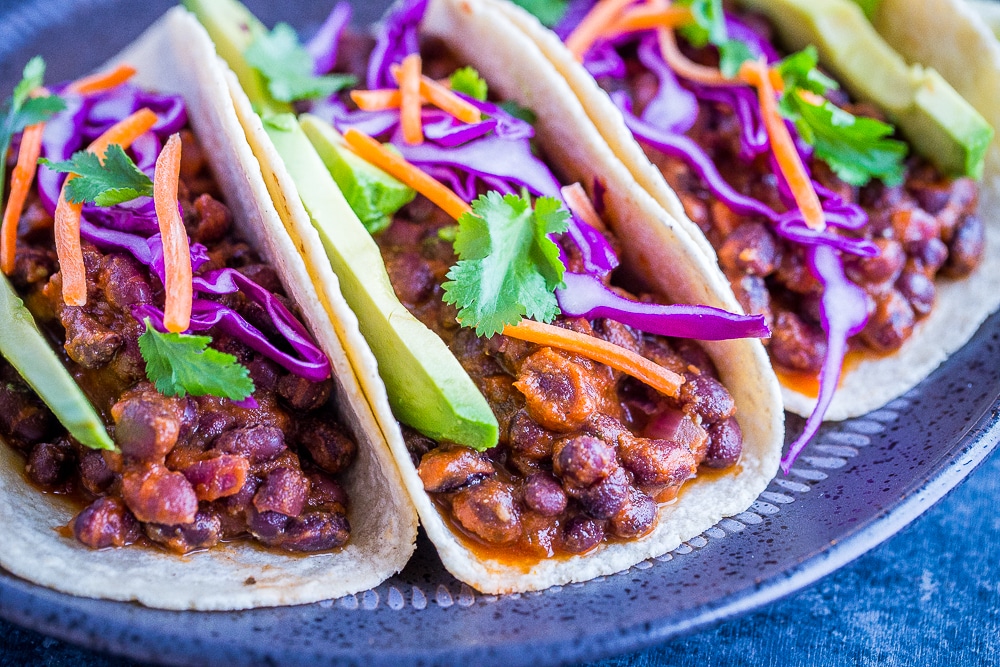 Front view of 20 Minute BBQ Black Bean Tacos on a plate