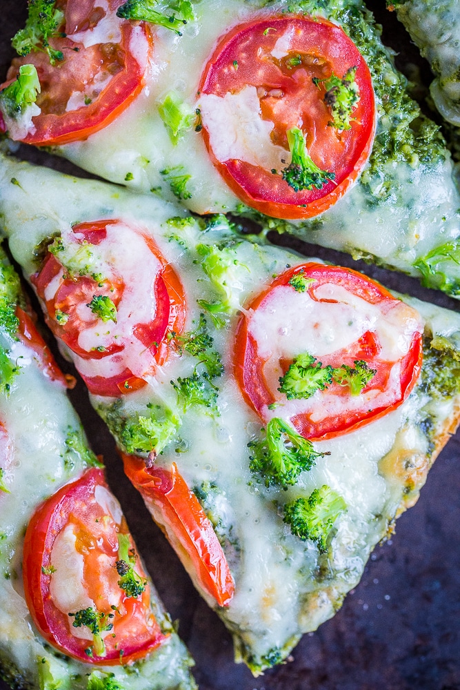 Close up of 30 Minute Vegetarian French Bread Pizzas with pesto