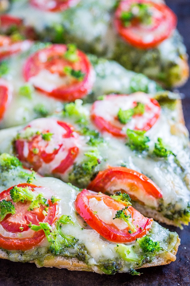 Close up of 30 Minute Vegetarian French Bread Pizzas with Pesto