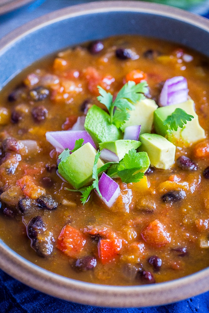 Close up of a bowl of Butternut Squash Chili with Black Beans