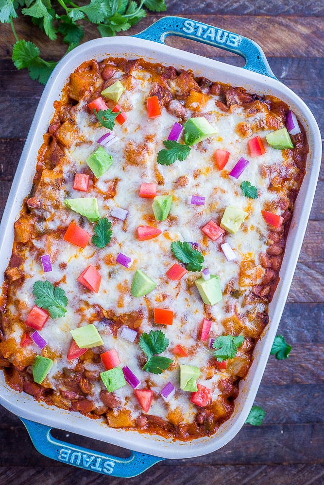 Pan of Cheesy Potato Enchilada Casserole