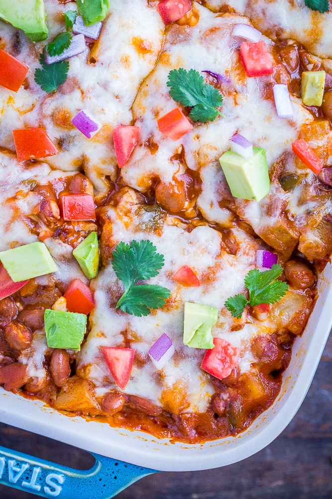 Close up of Cheesy Potato Enchilada Casserole