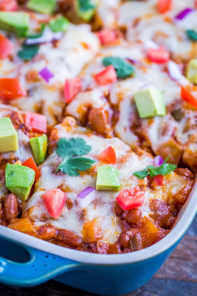 Close up of Cheesy Potato Enchilada Casserole