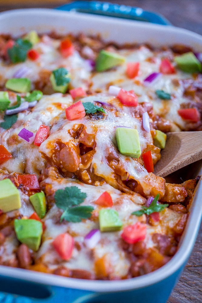 Close up of Cheesy Potato Enchilada Casserole