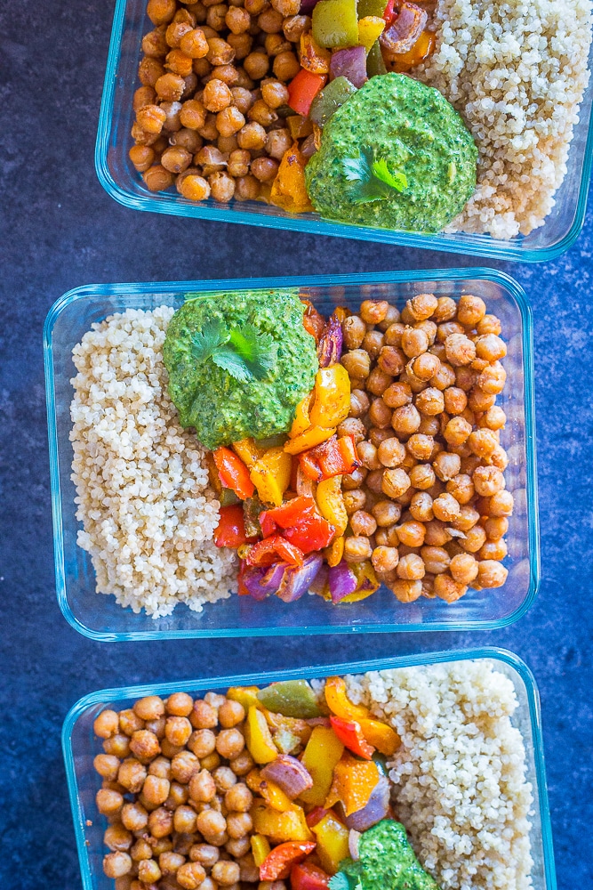 Chickpea Fajita Meal Prep Bowls lined up together