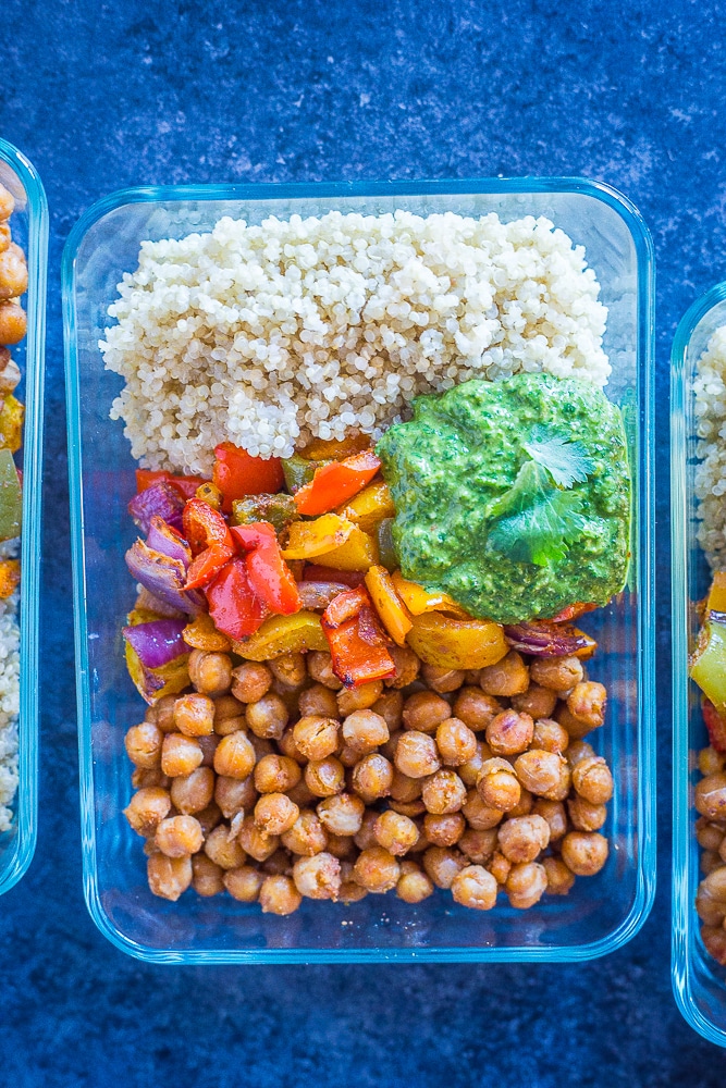 Close up of Chickpea Fajita Meal Prep Bowls