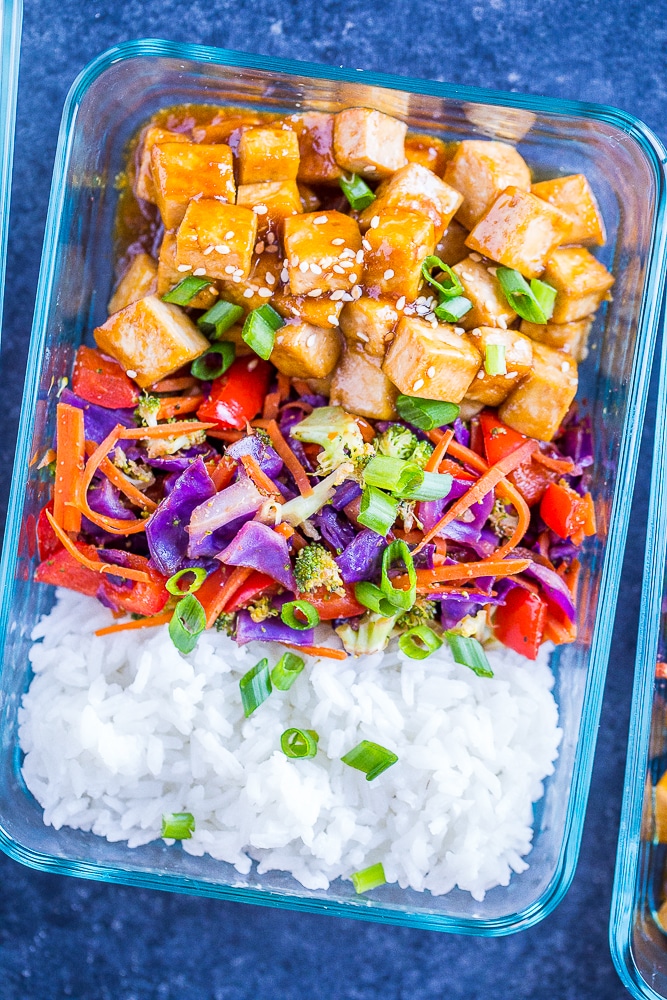 Close up of Sesame Ginger Tofu Meal Prep Bowls