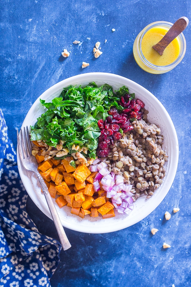Kale Salad with Sweet Potato and Lentils on a blue background with a side of dressing