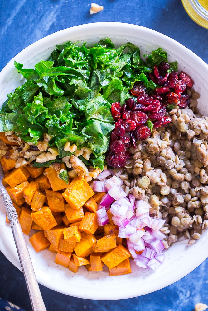 Close up of Kale Salad with Sweet Potato and Lentils