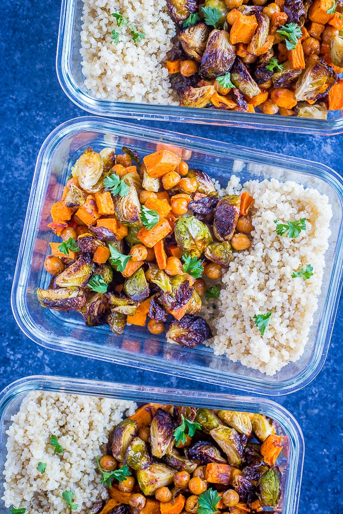 Roasted Sweet Potato and Chickpea Meal Prep Bowls in a row