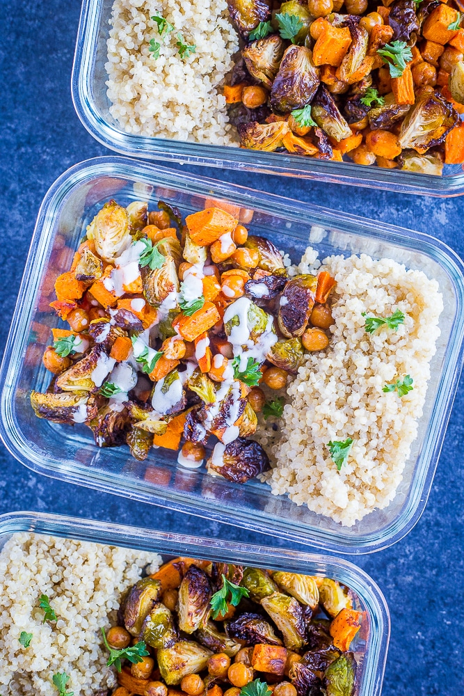 Roasted Sweet Potato and Chickpea Meal Prep Bowls in a row