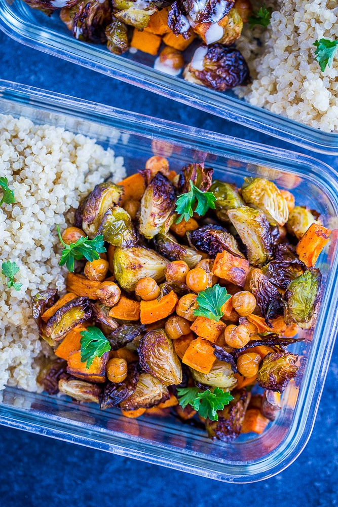 Roasted Sweet Potato and Chickpea Meal Prep Bowls - She Likes Food