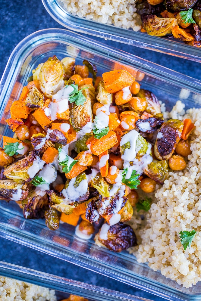 Roasted Sweet Potato and Chickpea Meal Prep Bowls close up with dressing