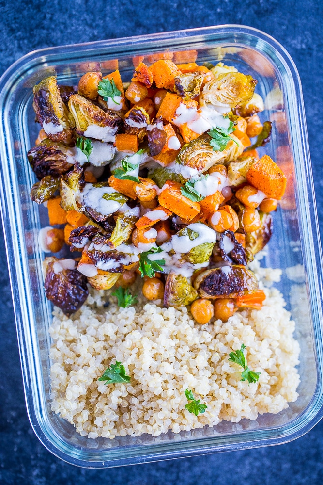 Roasted Sweet Potato and Chickpea Meal Prep Bowls close up