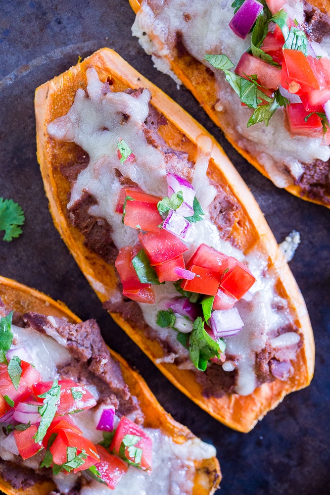 Close up of Sweet Potato Tostadas on a baking sheet