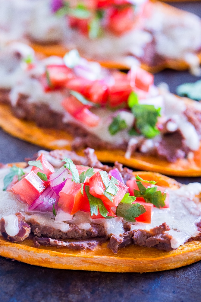 Close up of Sweet Potato Tostadas on a baking sheet