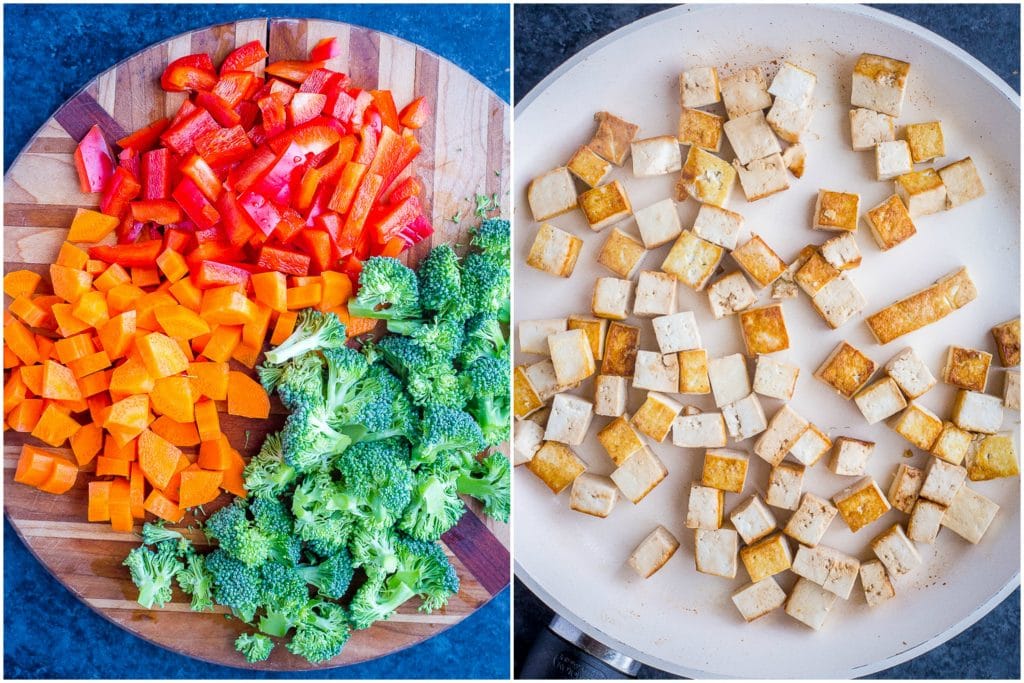 Prep photos for Easy Coconut Curry of diced vegetables and cooked tofu
