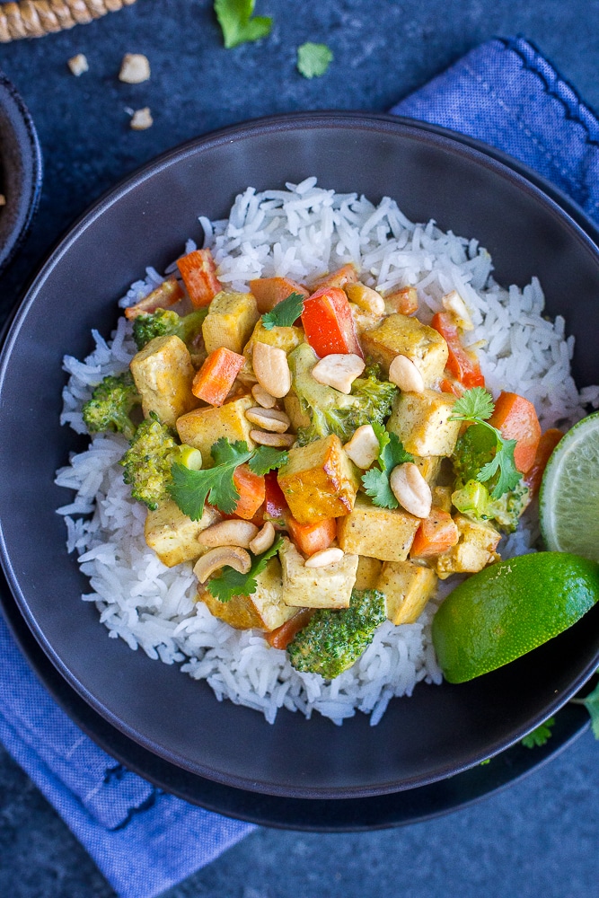 Bowl of Easy Coconut Curry with Tofu over rice