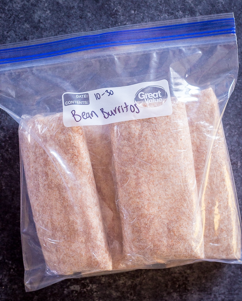 Freezer Friendly Bean Burritos on a plastic bag