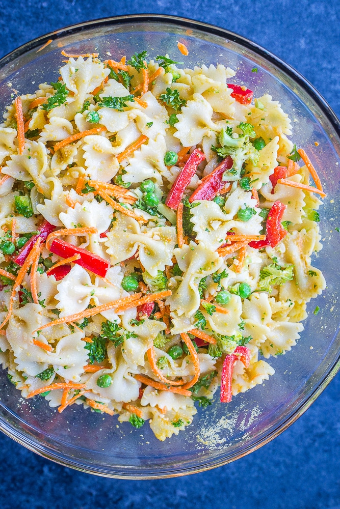 The mixed together Primavera Pasta Salad in a large bowl