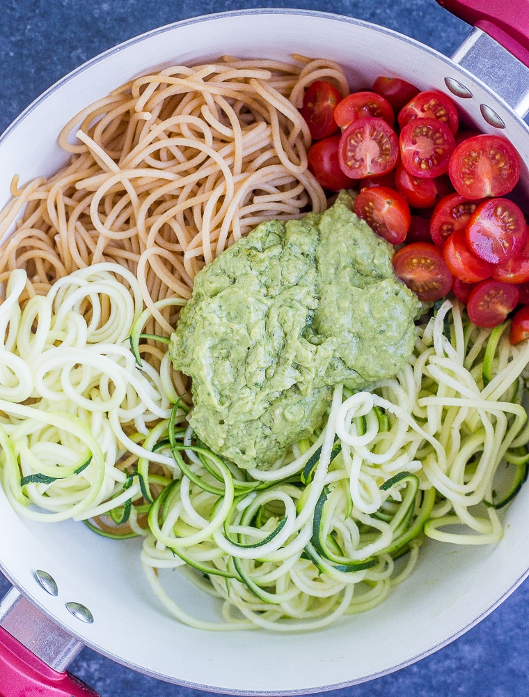 All the ingredients for the Avocado Pesto Zucchini Noodles in one pot