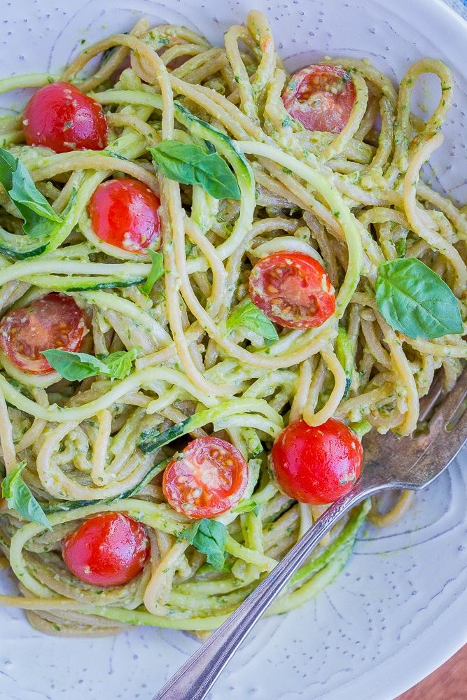 Close up photo of Avocado Pesto Zucchini Noodles in a bowl