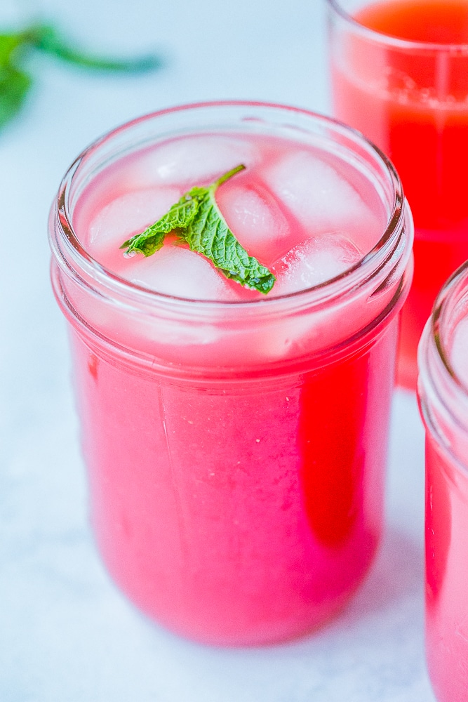 Front shot of a glass of watermelon juice