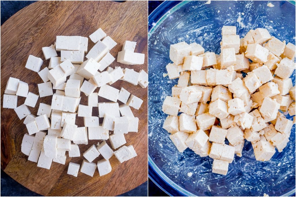 Crispy Baked Tofu ingredients on a cutting board and in a bowl