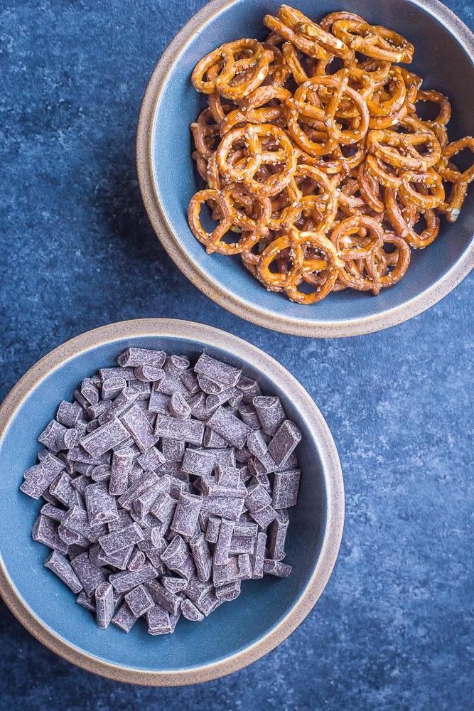 A bowl of chocolate chunks and pretzels for this Chocolate Pretzel Bark