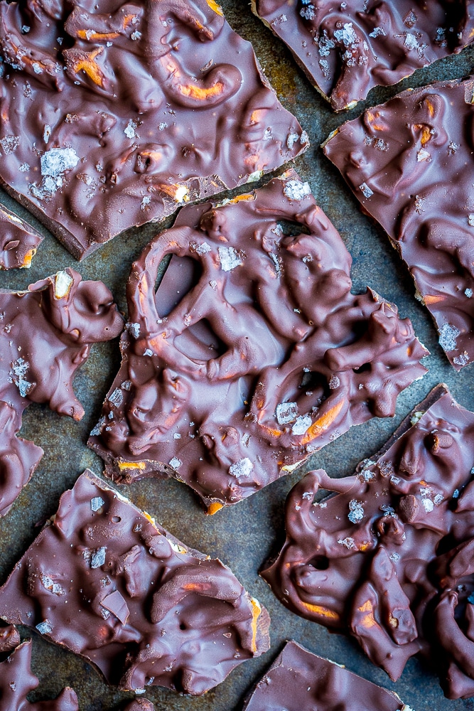 Chocolate Pretzel Bark on a sheet pan