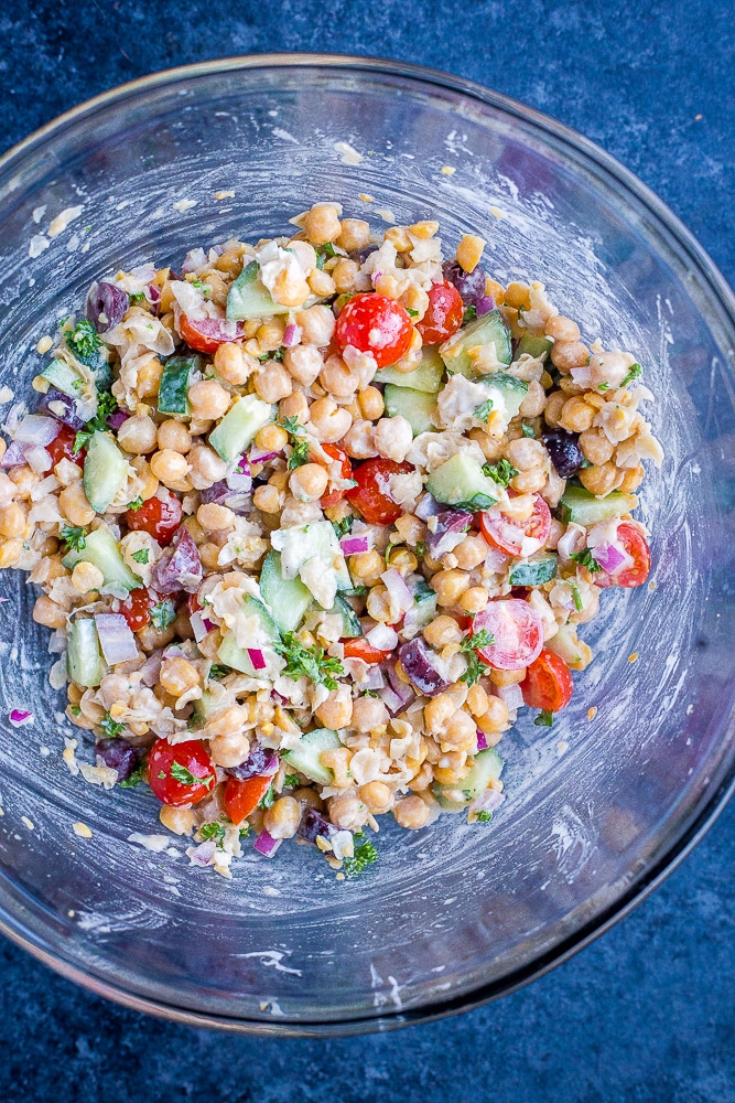 The Greek Chickpea Salad Pita ingredients mixed together in a bowl