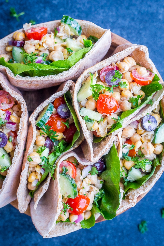 Flat lay view of Greek Chickpea Salad Pitas