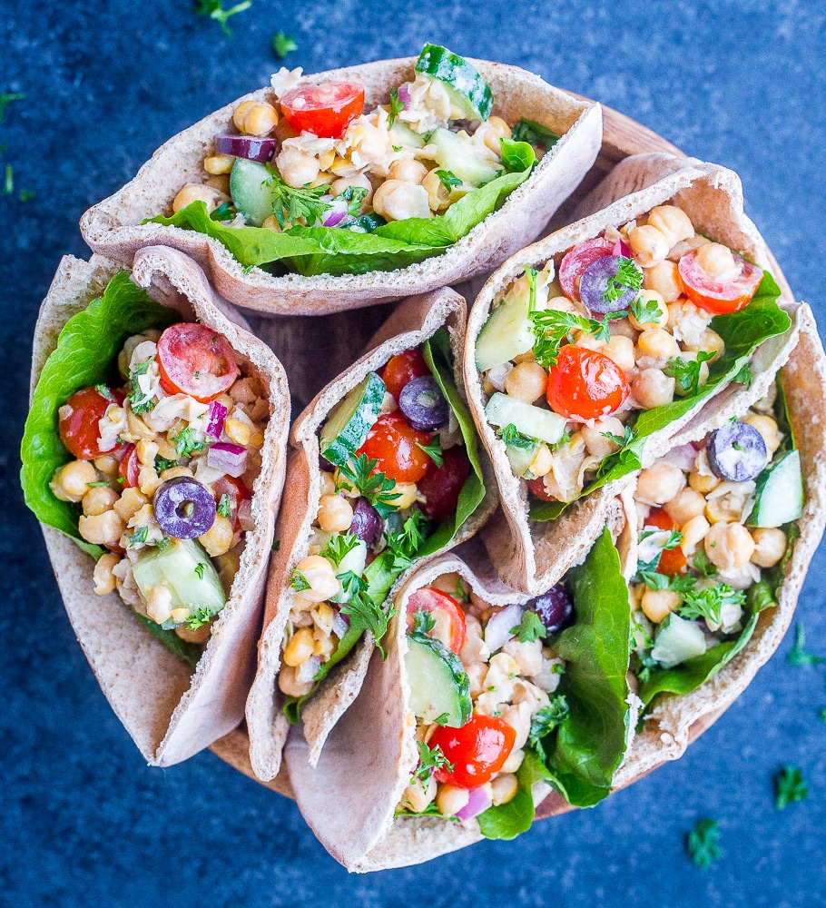 Six Greek Chickpea Salad Pitas in a bowl