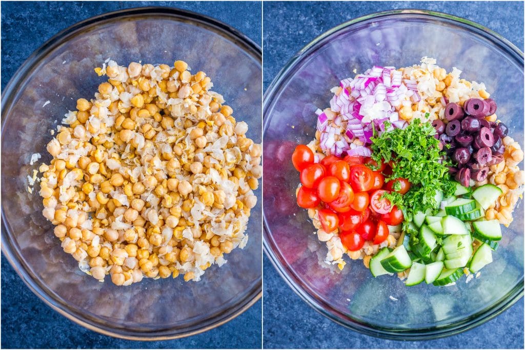 The ingredients for this Greek Chickpea Salad Pita Recipe in a bowl