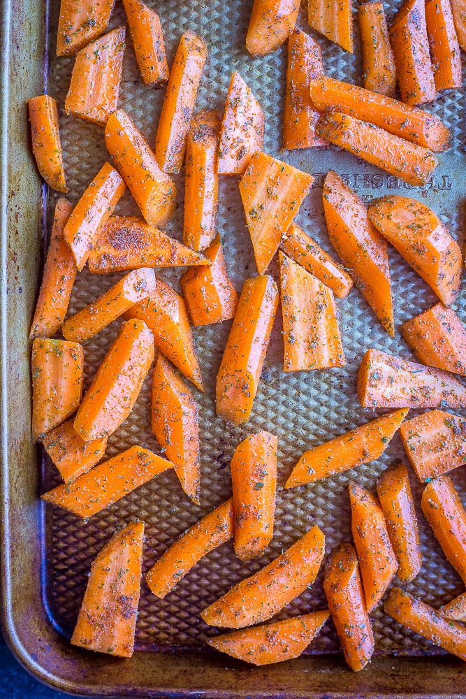 Ranch Roasted Carrots on a sheet pan ready to go into the oven
