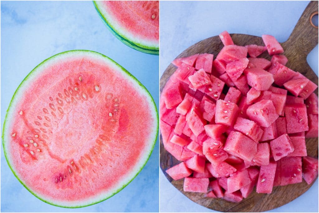 Side by side photos of a cup open watermelon and a watermelon cut into chunks for watermelon juice recipe