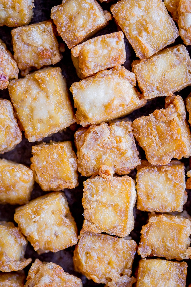 Crispy tofu recipe on a baking sheet