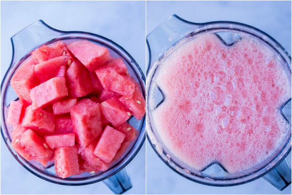 Side by side photos of cut up watermelon in a blender and blended watermelon for how to make watermelon juice