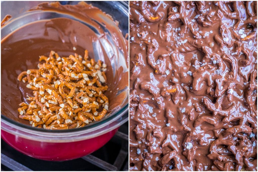 Step by step photos for making this Chocolate Pretzel Bark