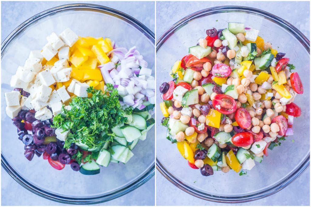 Two bowls full of ingredients for this Greek Chopped Salad with Crispy Pita