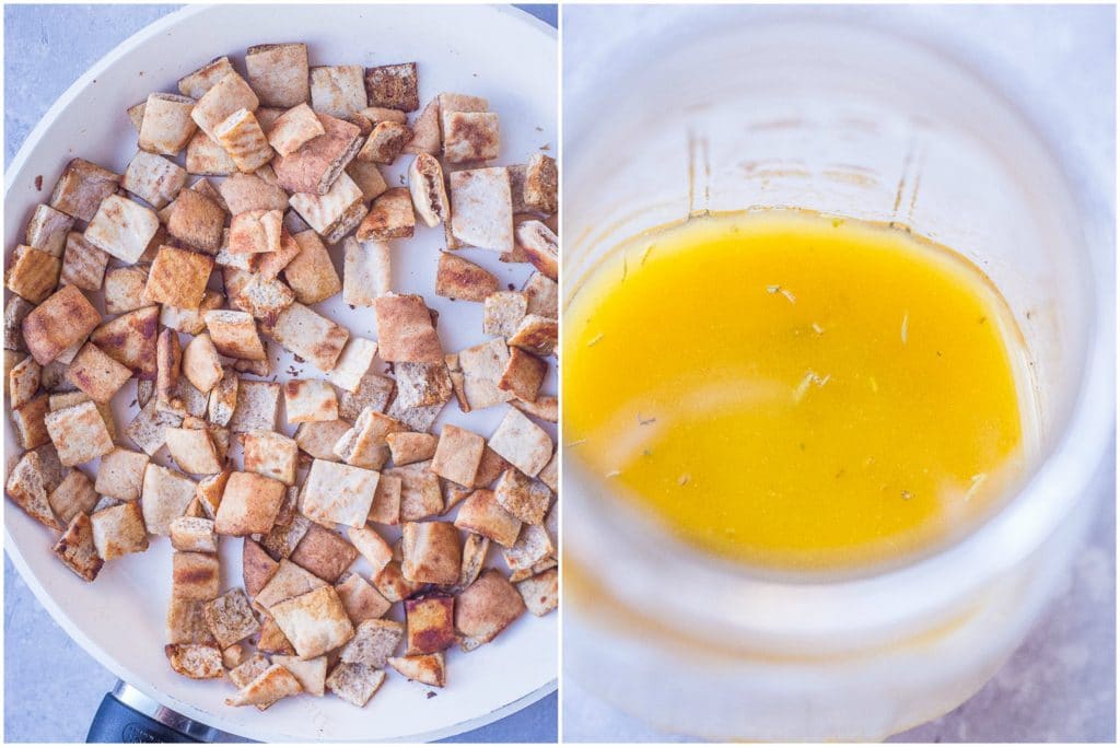 Side by side photos of the crispy pita bread and salad dressing for this Greek Chopped Salad