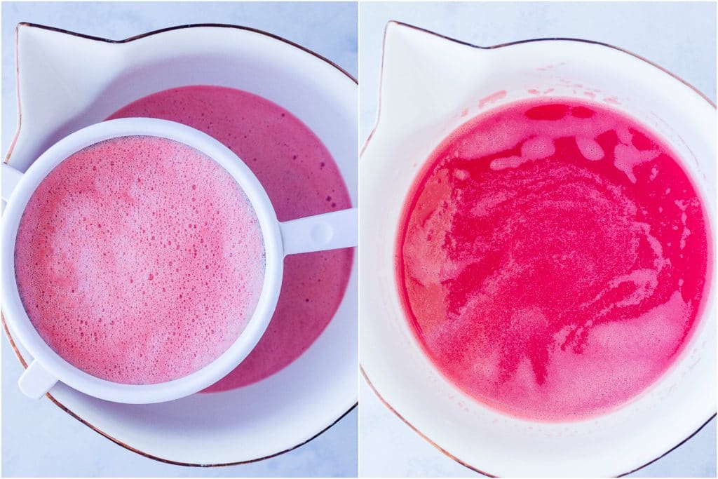 Side by side photos of watermelon juice being strained into a bowl
