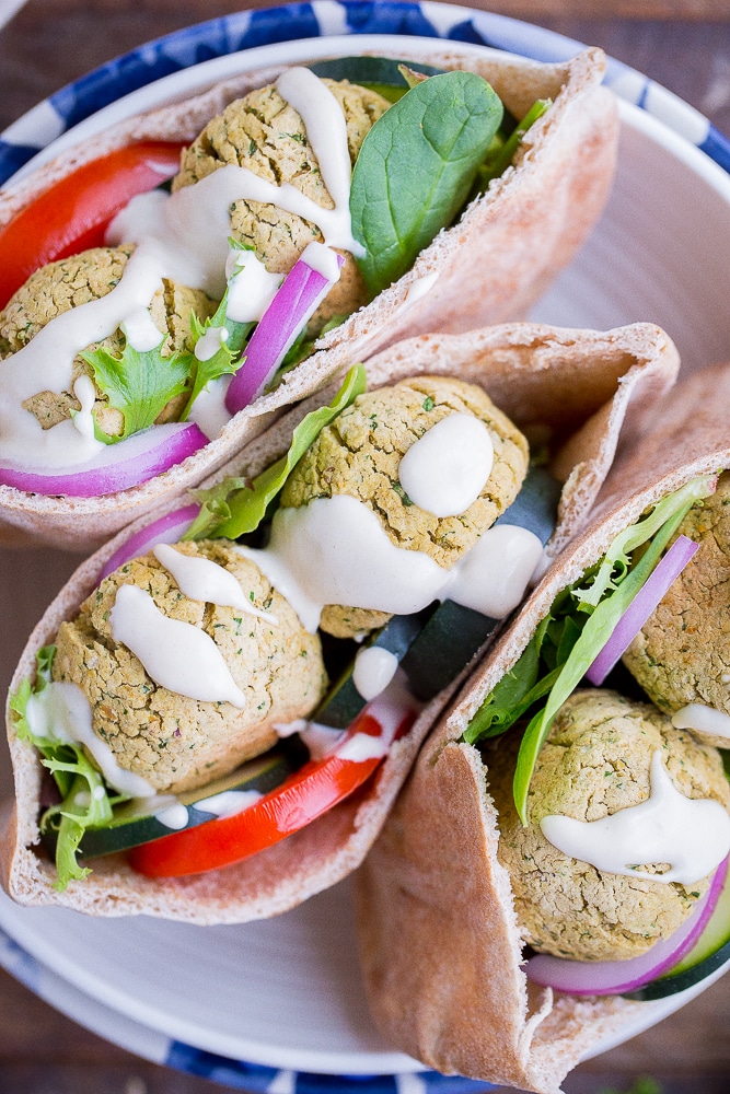 Close up of Easy Homemade Falafel in a pita with vegetables